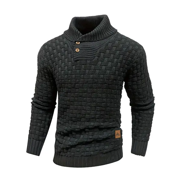 Men’s polyester textured knit pullover sweater — mock neck with button placket, 3D waffle knit, long sleeves, casual top suitable for Soho-style autumn outfits, polyester knit Knit Tops Knit Longsleeves