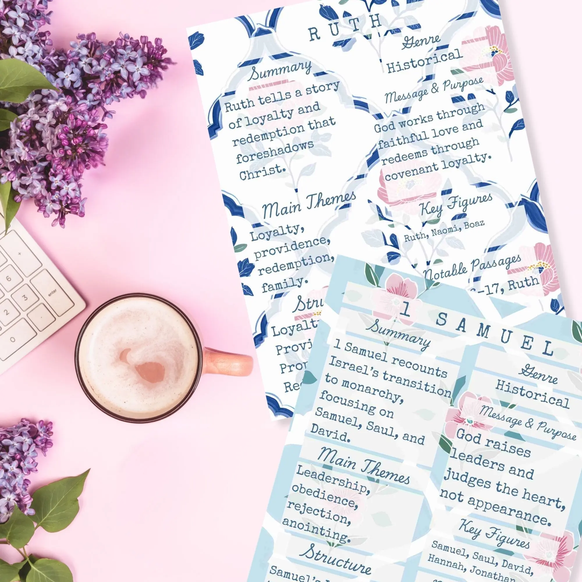 Printed Peace Design Co 66 Books of the Bible Summary Tip-In Sheets, Printed Aesthetic Bible Study Inserts, Faith in Bloom Collection Office Stationery