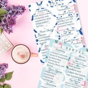 Printed Peace Design Co 66 Books of the Bible Summary Tip-In Sheets, Printed Aesthetic Bible Study Inserts, Faith in Bloom Collection Office Stationery
