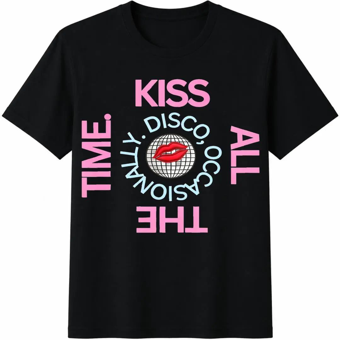 Women's Fashion Lightweight Graphic-Print Short-Sleeve Crew Neck T-Shirt with 'Kiss Anytime' Slogan, Casual 1-Piece Sports Top for Spring, Summer, Matching, Shortsleeve, Unisex, Breathable