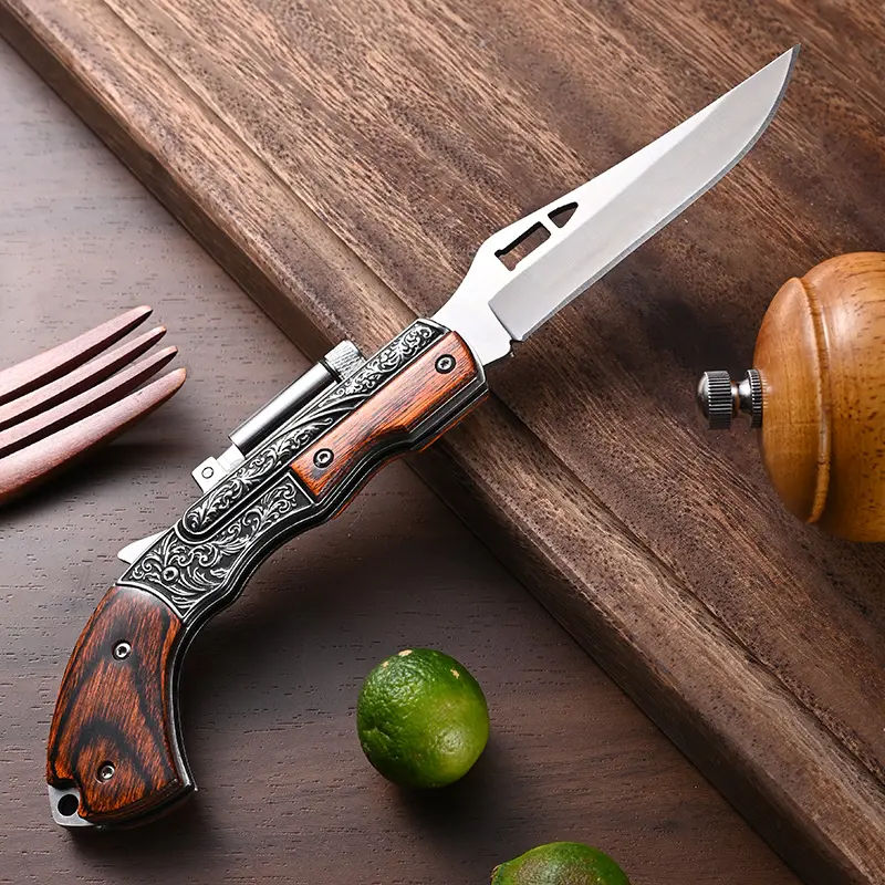 Premium Engraved Folding Pocket Knife with LED Light & Rosewood Handle - Multifunctional Portable Hand Tool EDC for Kitchen & Camping Use, Multifunctional Tool
