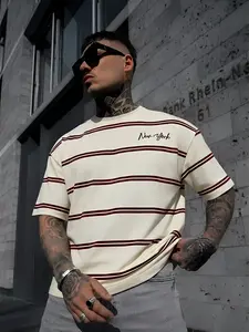 Men's Cream & Burgundy Stripe New York Script T-Shirt | Lightweight Breathable Polyester, Vintage Double Stripe Design, "New York" Cursive Embroidery, Oversized Fit, Retro Streetwear Casual Tee, Ideal for Daily Wear, Urban Outings & Y2K Street Style