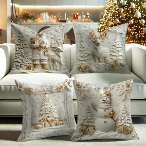 4pcs Christmas Pillowcases Set, Cute Santa Snowman Deer Design, Soft Single-Sided Print Decorative Pillows Covers