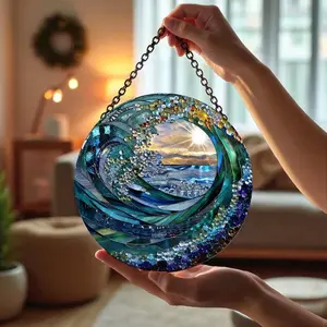 Spiral Ocean Suncatcher Window Decor, Blue Wave Glass Art Hanging, Golden Sunset Light Catcher Gift, Deep Sea Horizon Round Crystal Ornament
