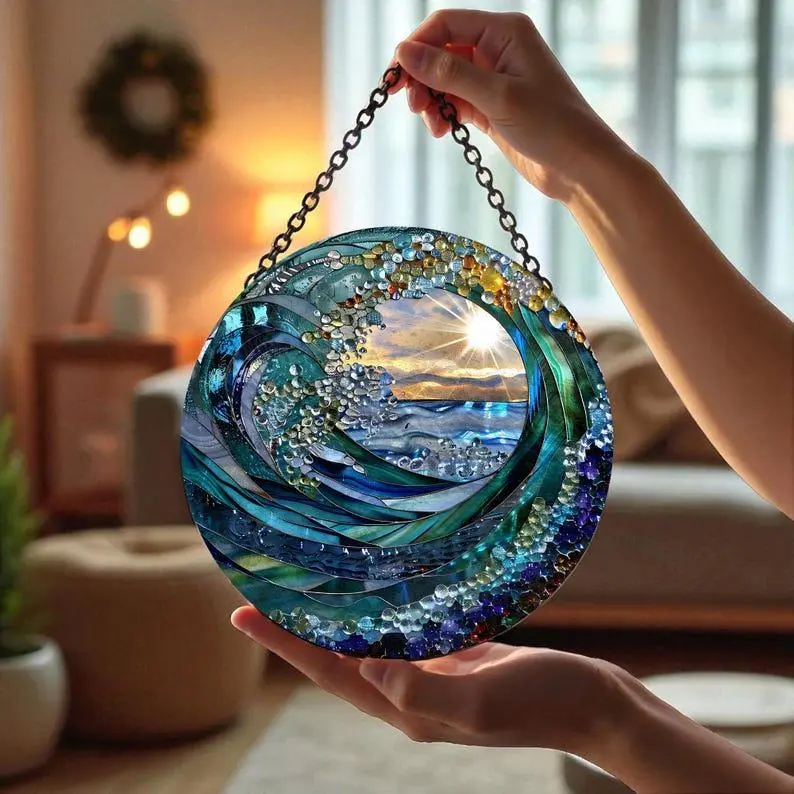 Spiral Ocean Suncatcher Window Decor, Blue Wave Glass Art Hanging, Golden Sunset Light Catcher Gift, Deep Sea Horizon Round Crystal Ornament
