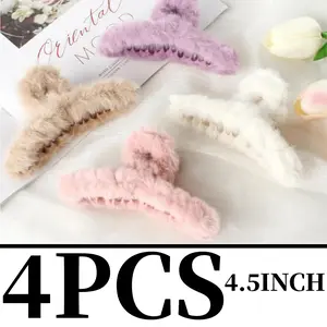 4pcs Fuzzy Faux Fur Claw Clips for Thick Thin Hair - Non-slip, Fluffy, Large - Winter Hair Barrettes Accessories for Women Girls (4.5 Inch)