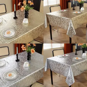 Durable PVC Tablecloth, High-End Gold Silver Plaid Table Cover, Waterproof Oilproof Heat Resistant Washable Home Decor