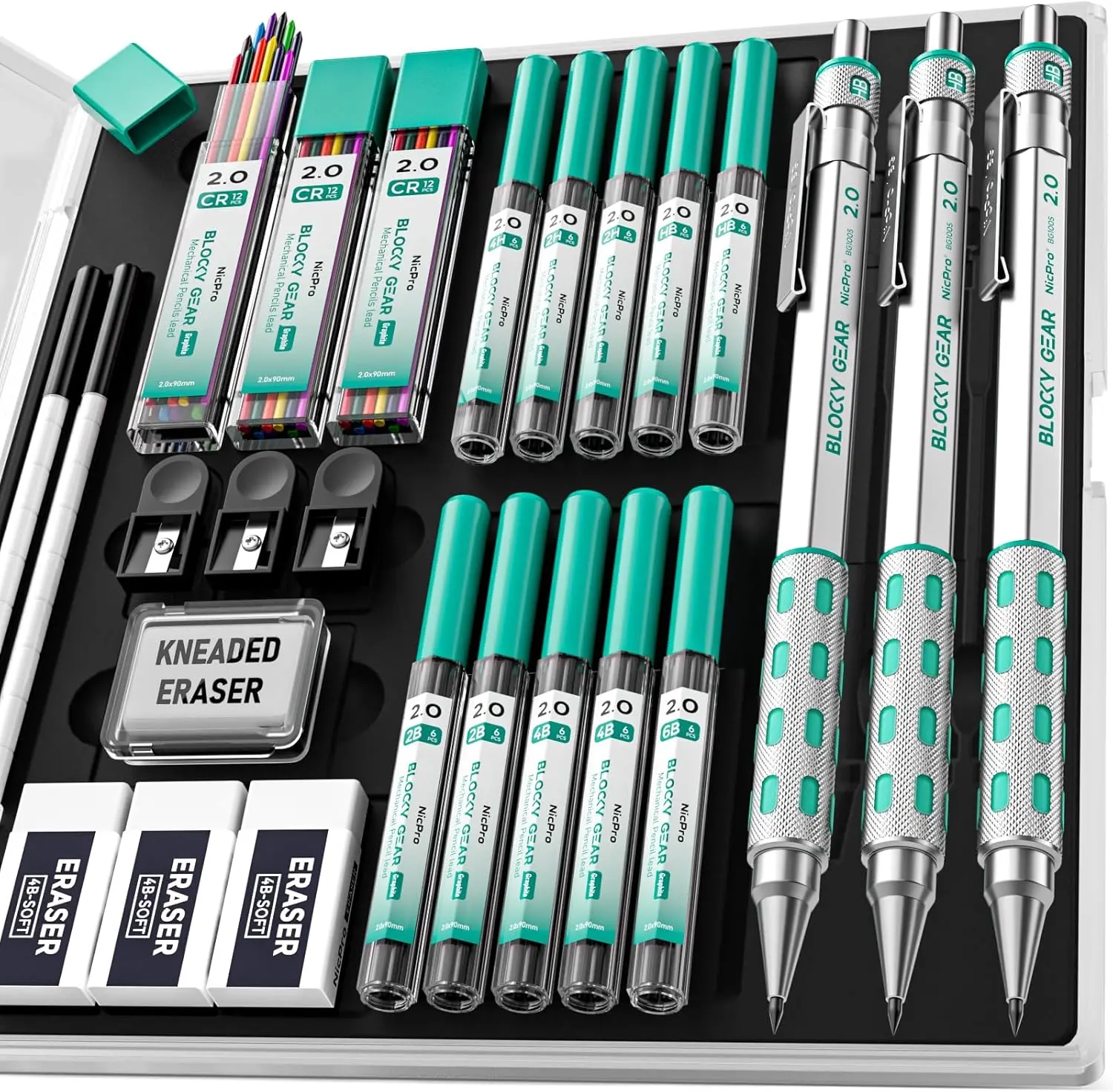 Nicpro Metallic Mechanical Pencils Set - 3-Pack 2.0 mm Blocky Gear Metal Drafting Lead Holders in Case, Office Accessories with 13 Tubes 2mm Lead Refills (HB,2B,2H,4B,4H,6B,12 Colors), Erasers for Drawing,Carpentry