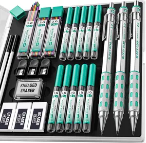 Nicpro 2.0 mm Mechanical Pencils in Case, 3 Pack Blocky Gear Metal Drafting Lead Holder with 13 Tubes 2mm Lead Refills (HB 2B 2H 4B 4H 6B & Colors), Erasers for Carpenter Writing Drawing Woodworking