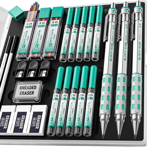 Nicpro Mechanical Pencils Set - 3-Pack 2.0mm Hexagonal Blocky Gear Brass-Mechanism Refillable Metallic Drafting Lead Holders, Assortment Kit Pencils with Case, 13 HB Lead Tubes, Latex-Free Erasers, 12 Colors for All-Day Drawing, Office Stationery Supplies