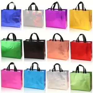 Set of 12 colorful glossy gift totes adopting durable water-resistant non-woven material, stylish glossy finish looks elegant and eye-catching. Foldable lightweight structure saves much storage space, solid bearing capacity meets heavy load demands