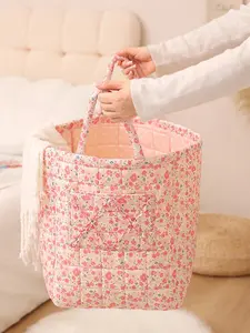 Cute Floral Quilted Storage Basket with Handles, Large Capacity Foldable Snack Basket, Multifunctional Cosmetic Organizer for Home Decor, Storage Tote Basket