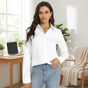 Women's Stretch Collar Cotton Long Sleeve Button Down Dress Shirt - Professional Business Casual Blouse for Work Office Wear Comfortable Breathable Formal Attire Ladies Clothing