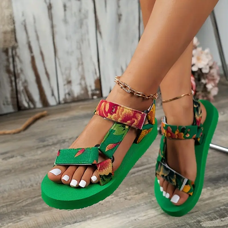 2026 Women Plus Size Floral Pineapple Pattern Thick Sole Sandals Summer Colorblock Hook Loop Fastener Strap Open Toe Beach Shoes EVA Material Staple Mesh Slip Stitching Casual Modern Lace Sport Essential Comfort Walking
