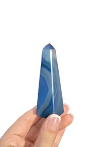 Dyed Blue Brazil Agate Tower - Banded Swirls, Obelisk Shape, Pointed Tip Semi-Finished Non-Natural Crystal for Display Use (Tower Form)