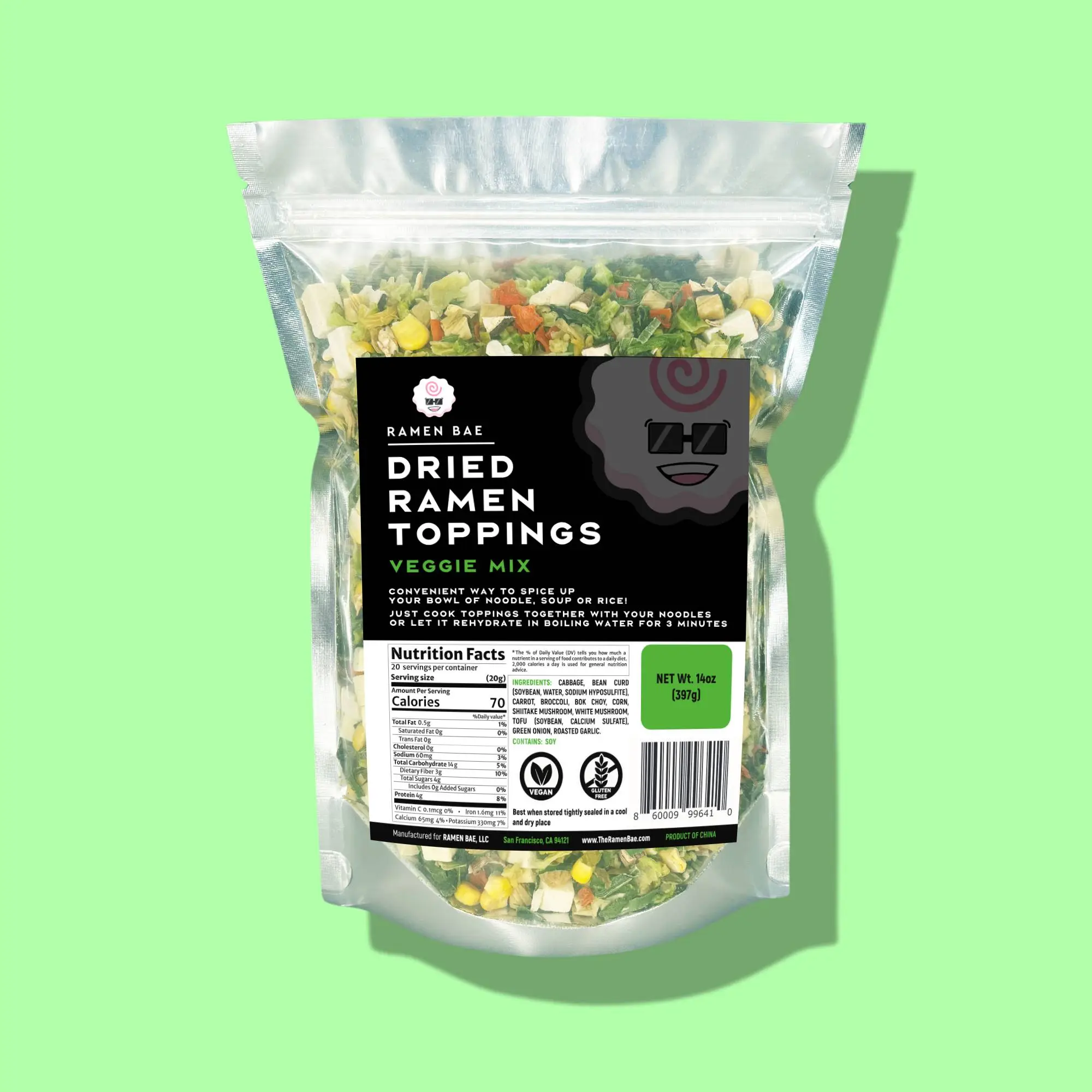 Veggie Mix - Dried Ramen Toppings with Cabbage, Bok Choy, Broccoli, Shiitake Mushroom, White Mushroom, Green Onion, Roasted Garlic, Corn, and Bean Cur