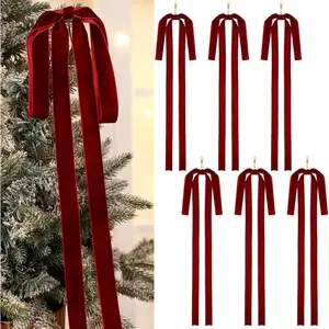 6 Pcs Burgundy Long Velvet Bow Ornaments Christmas Swag 23.5x15.5 Inch Vintage Large Christmas Bows for Xmas Tree, Wreath, Garland, Swag, Staircase, Fireplace, Door