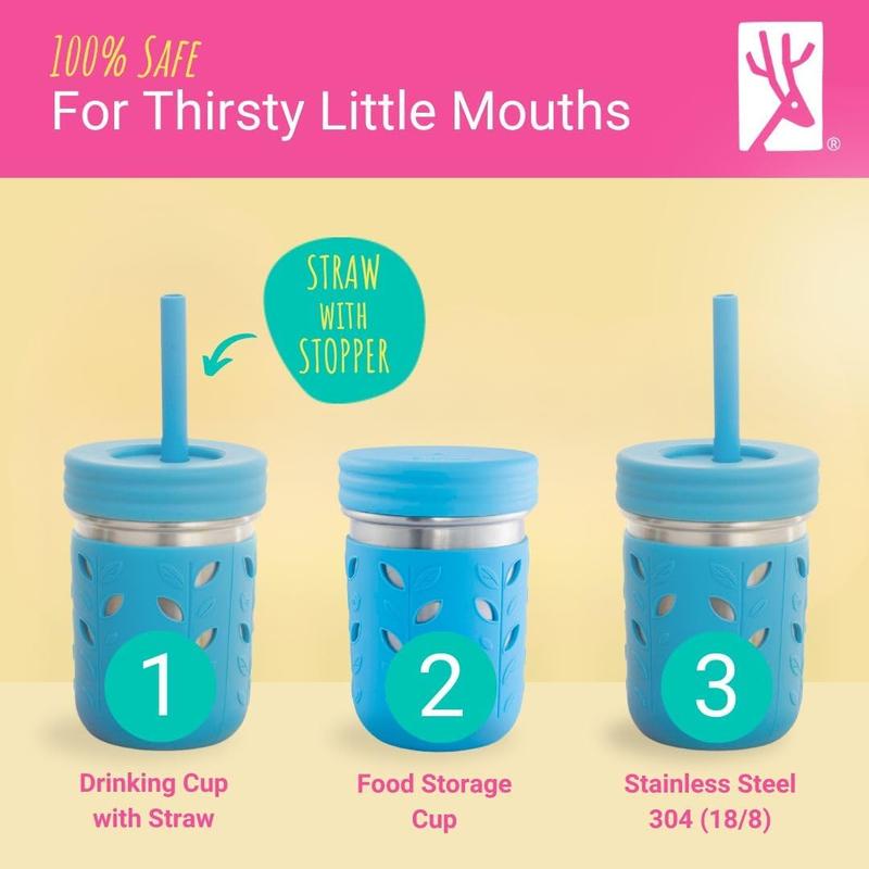 10oz Stainless Steel Kids + Toddler Drinking Cups| The Original Mason Jar with Sleeves + Lids| Silicone Straws| Smoothies| Storage Jar| Spill Resistant| Dishwasher Safe|