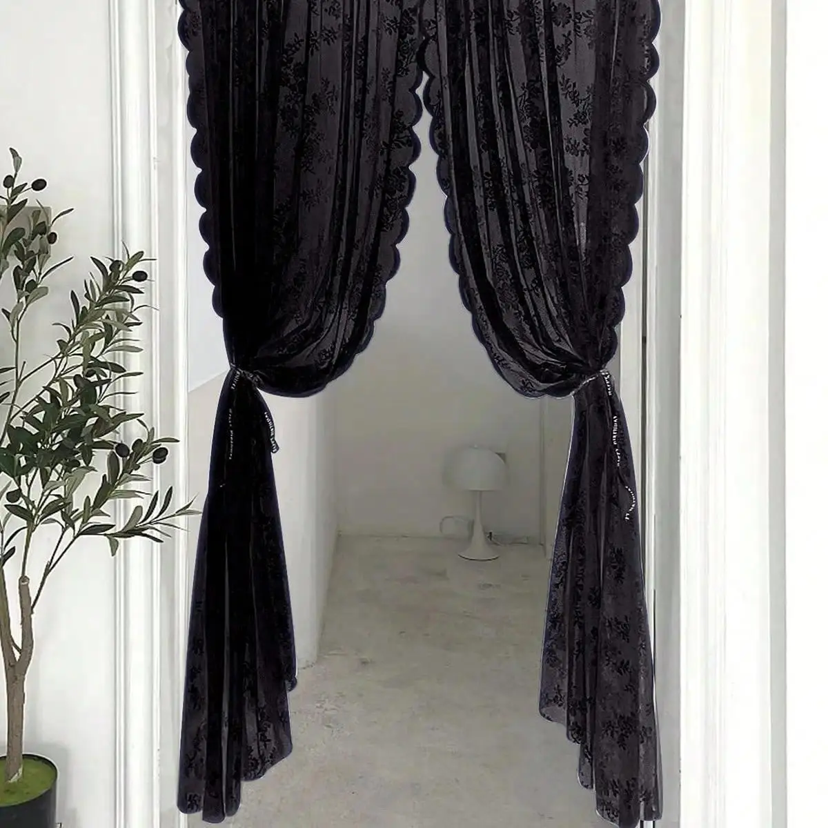 BLACK Floral Lace Sheer Rod Pocket Curtain Panel