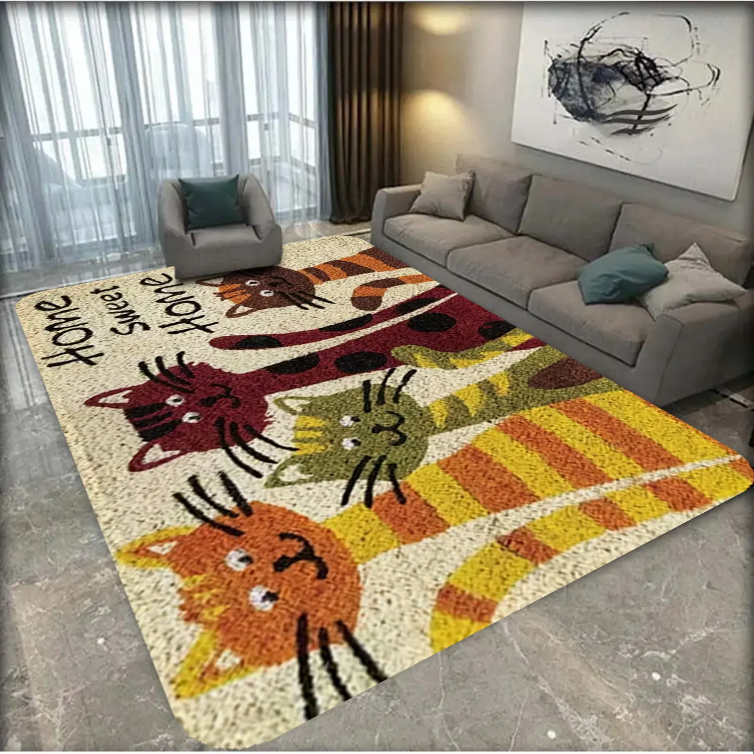 1 cat themed carpet, soft and absorbent, anti slip and wear-resistant, with good elasticity, suitable for living rooms, bedrooms, kitchens, bathrooms, and other home decor, outdoor decoration, durable and washable, can be used as a pet mat