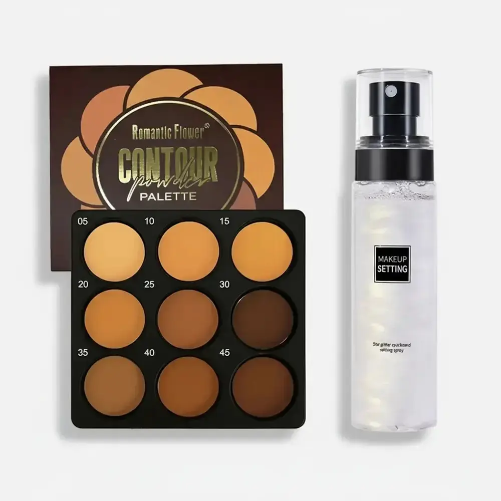Romantic Flower Contour Palette & Setting Spray Bundle, Cosmetics Kit, Facial Makeup Set, 5g*9 Matte Finish Concealer Palette with 100ml Shimmer Makeup Fixing Spray for Adults, Glamour Set, Beauty Set, Face Makeup Set