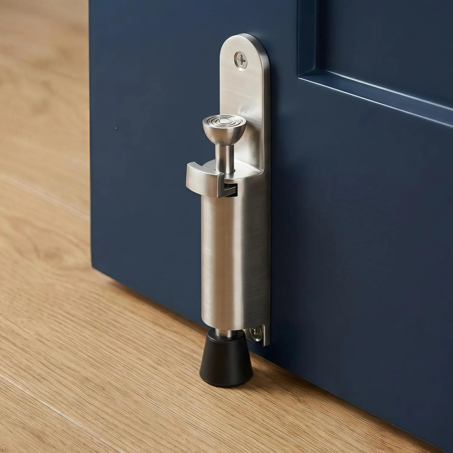 Automatic Kickdown Door Stopper, Elfthloo Adjustable Telescopic Heavy-Duty Commercial Spring Foot-Operated Door Stop Holder, Easy Step On/Off Release, Wall Protector, Medium Brushed Nickel(1 Pack)