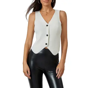 Ladies Female Women's Knitted Vest Solid Color V-Neck Button Down Lightweight Sweater Waistcoat Womenswear Cardigans Streetwear,3 Colors