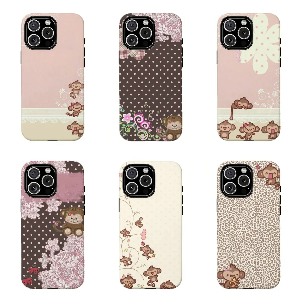 Cute Kawaii Monkey Coquette Floral Polka Dot Protective Phone Case, Ideal Fan Gift Phone Accessory Compatible with iPhone 11-17 Series & Samsung Galaxy S21-S26