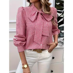 Elegant Plaid Bow Tie Blouse for Women - Long Sleeve, Casual Color Block Cardigan Shirt, Machine Washable Top Chic