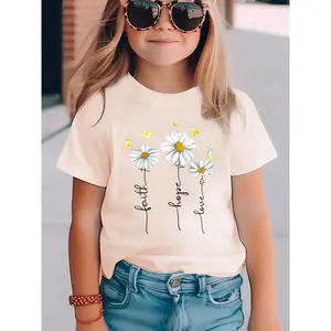 Summer Fashion Girls' Short Sleeve T-Shirt with Sunflower Print - Faith Hope Love Casual Versatile Top