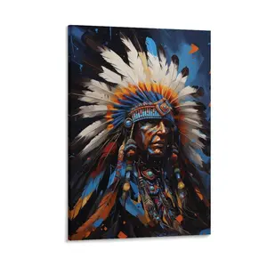Indian Chief Canvas Wall Art, American Indian Headdress Feathered Painting Poster Canvas Poster Bedroom Decor Sports Landscape Office Room Decor Gift Frames Ornaments Decoration Artistic Photo Print Hanging