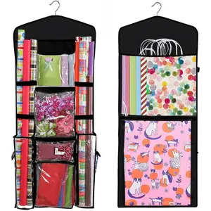 Hanging Gift Wrapping Paper Storage Organizer Bag, Double Sided Multiple Front & Back Pockets Organize Your Gift Wrap, Full Black, 1 Count (Pack of 1)