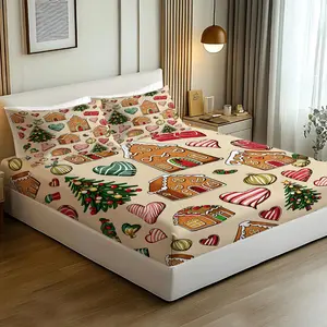 Creamy Gingerbread House Print Fitted Sheet Set (3 Pieces):1 Sheet And 2 Pillowcases，a Dreamy, Fairytale-like Sweetness，a Perfect Choice For Children's And Teenagers' Bedroom Decorations And Gifts