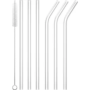 6 count  Glass Drinking Straw, Replacement Straw 7.88'' x 8MM Clear Practical Straw for 20/30/32oz Tumblers Smoothie Straws 3 Straight 3 Bent with 1 Cleaning Brush for Coffee  Juice Milkshake