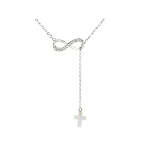 JTV White Cubic Zirconia and Lab Opal Rhodium Over Brass Infinity Cross Necklace 0.29ctw
