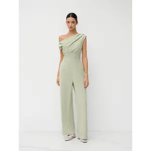 Cider Asymmetrical Neck Ruched Pocket Straight Leg Jumpsuit