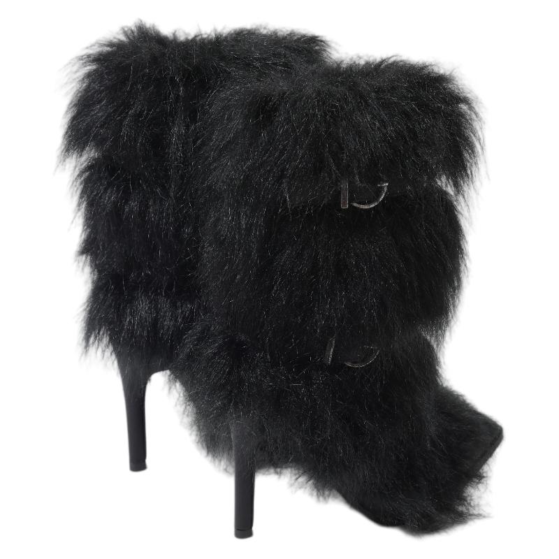 Women's Warm Winter Snow Stilettos Boots Mid-Calf Pointed Toe Furry High Heeled Christmas Holiday Boots Brown Fashionable Walking Shoe