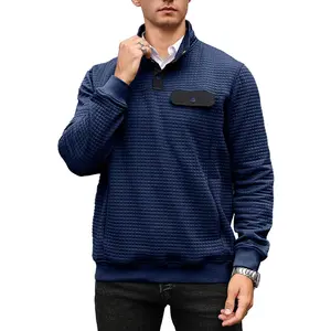 Wizoat Men's Quilted Sweatshirt Casual Waffle Stand Collar Button Pullover Sweatshirts Blue
