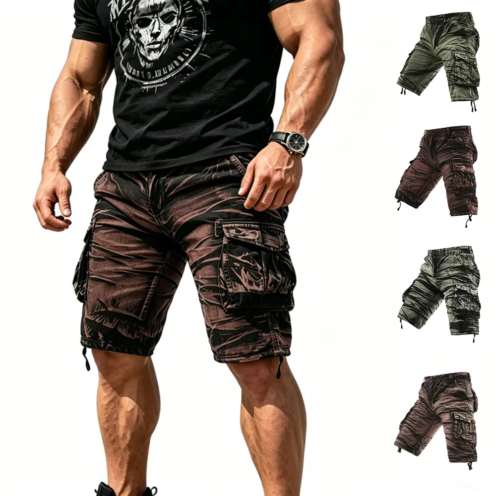 Men’s vintage pure cotton cargo shorts, mid-thigh length, street style, multi-pocket design, drawstring hem, suitable for everyday outdoor sports and hiking; tactical shorts