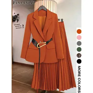 Women's autumn and winter two-piece suit jacket with pleated skirt, casual fit style, long regular length, solid color patternRAIMENTRY
