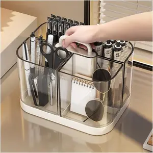 Pen Holder with Handle and Base, Stackable Transparent Desk Caddy 4 Compartments, Plastic Cosmetics Storage Organizer, for Art Supplies, Crafts, Colored Pencils, Stationery, Markers (White)