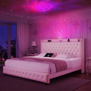 Queen Modern Wingback Upholstered Platform Bed Frame With Smart Galaxy Projector, LED Frame, Noise-Free Sturdy Design, Star Accent Headboard, No Box Spring Needed,