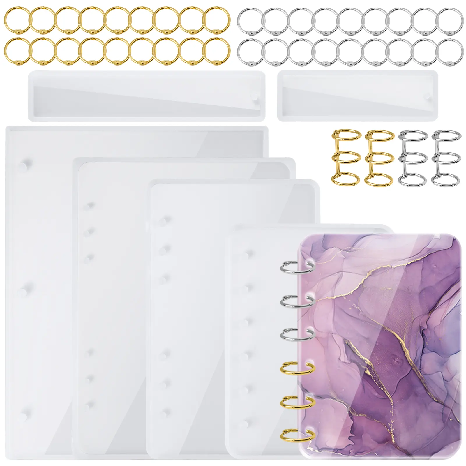 NiArt Premium Quality A4 Large Epoxy Resin Silicone Notebook Cover Molds Kit - A5/A6/A7 Bookmark Molds, 40PCS Loose Leaf Binder Rings, Customized DIY Office Stationery, Easy to Use Beads+Glitter Cast Resin Casting Tools