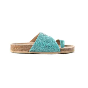 Myra Eastward Winds Embossed Leather Sandals for Women – Asymmetrical Strap, Cork-Finish Sole & Toe Loop for Desert Chic Appeal