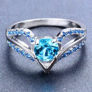 [Birth Month] Aquamarine Silver Plated Solid 925 Sterling Silver CZ Simulated Crystal Ring for Women