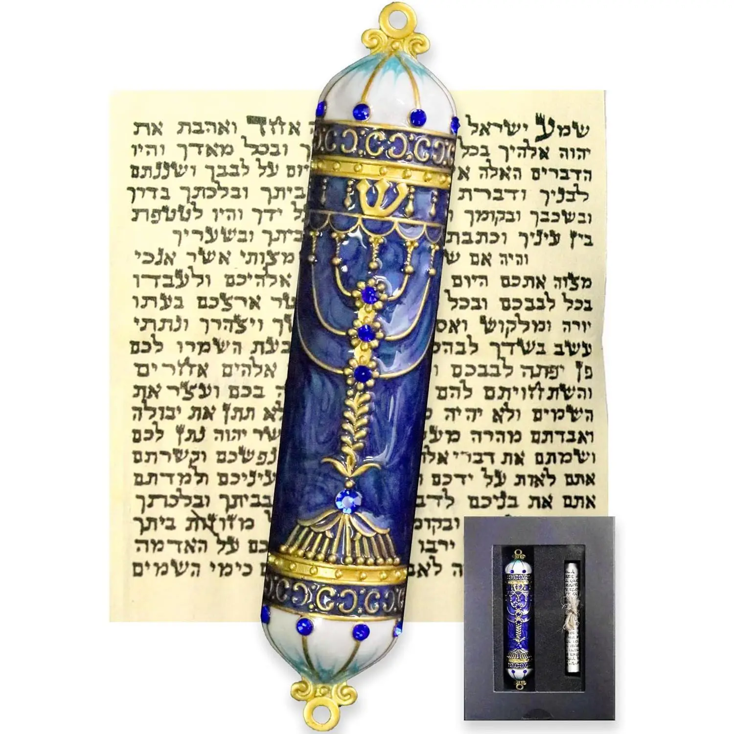 3.8 inches Solid Metal Mezuzah Set - Traditional Religious Enamel Art Design, Crystal Diamond Accent, Included Scroll, Easy-Install Double-Tape, Royal Blue Home Hanging Decor Gift for Jewish Occasions