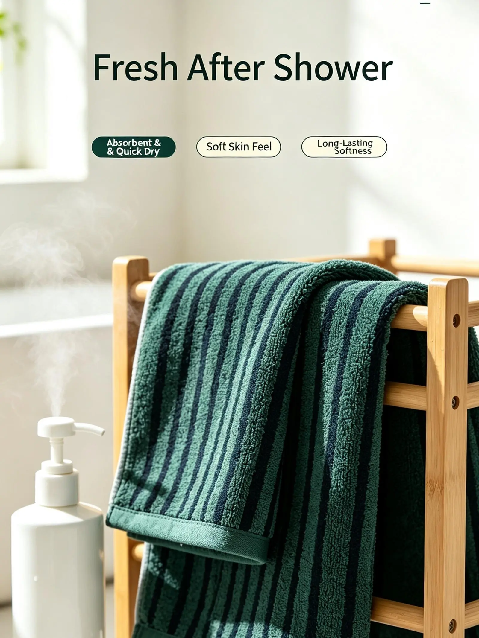 Natural Bamboo Fiber Striped Bath Towel, Ultra Soft Fluffy Absorbent Hand Towel, Breathable Odor Resistant Skin-Friendly Shower Towel, Neutral Dark Green & Light Gray Multi-Color Home Towels for Bathroom Daily Use Reusable Absorbent Towel Lint Free Towels