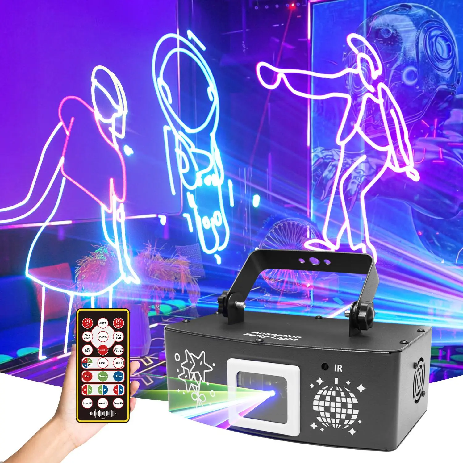 FLASHBACK EVENTS Upgraded 3D Animated Full-Color Laser DJ Light, High-Speed Scanning LED Lighting with Remote, Sound-Active DMX512 Control for Home Parties, Clubs, Led Lights