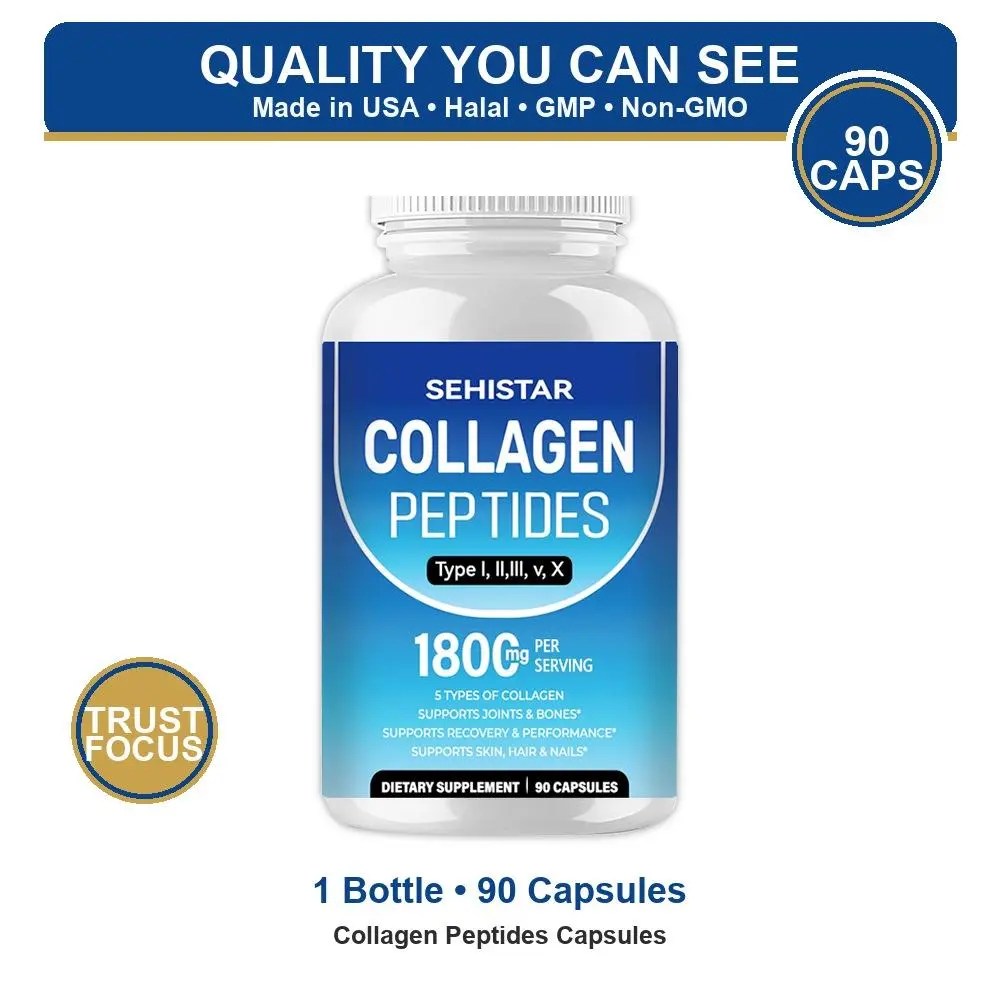 SEHISTAR Edible Collagen Peptides Supplement Capsules, 1800mg, 5 Types, Non-GMO, GMP Quality, Healthy Skin Hair & Nail Care Support
