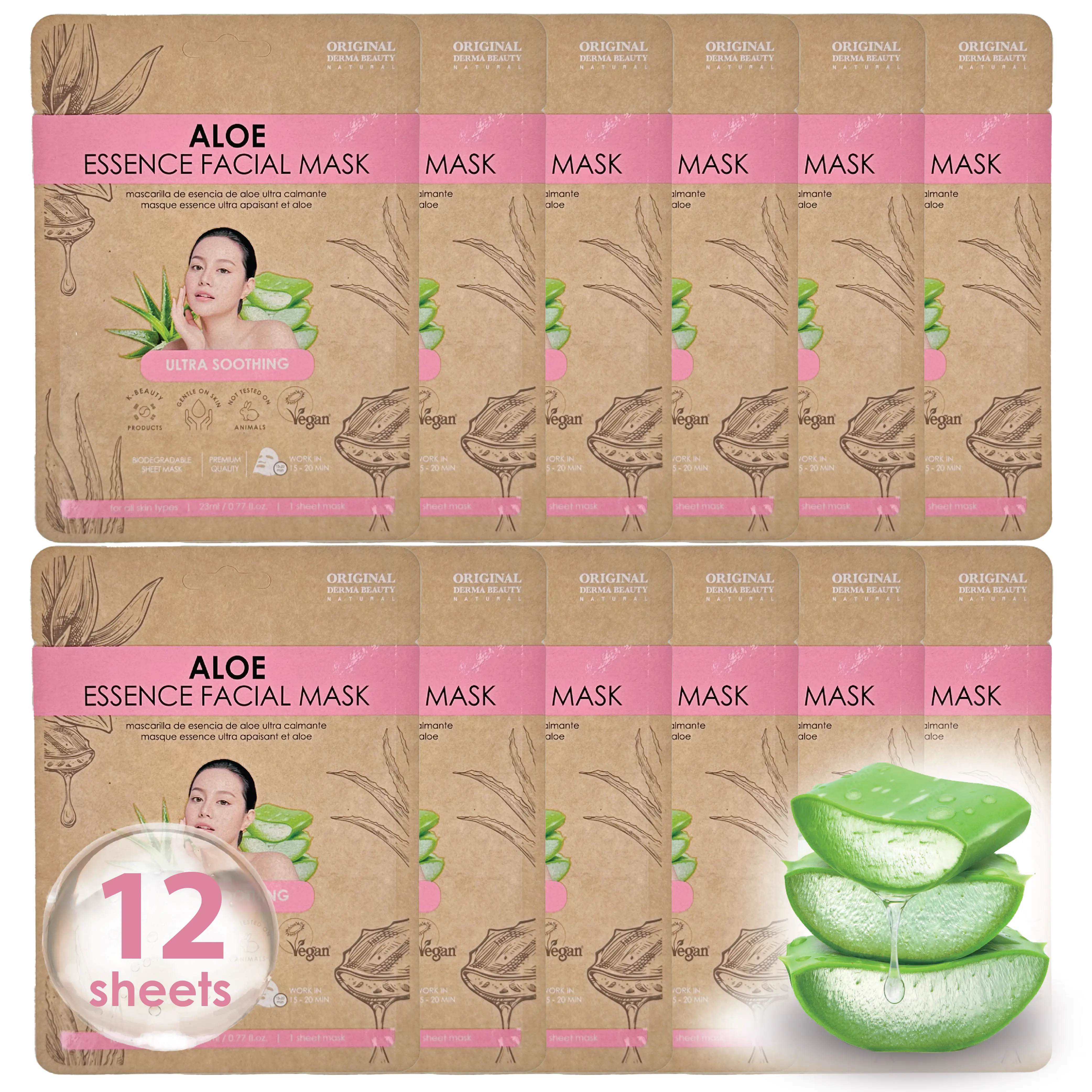 Original Derma Beauty 24-Pack Vegan Facial Sheet Masks Gift Set - Cruelty-Free Korean Skincare with Aloe, Coconut, Cucumber for Soothing, Moisturizing Dry Acne-Prone Adult Skin (12-Pack Aloe Included), 12Pk Aloe